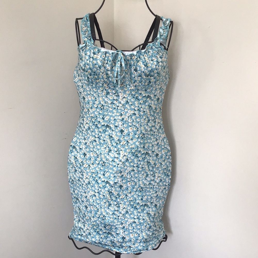 SHEIN Blue and White Mini Dress with Floral Print